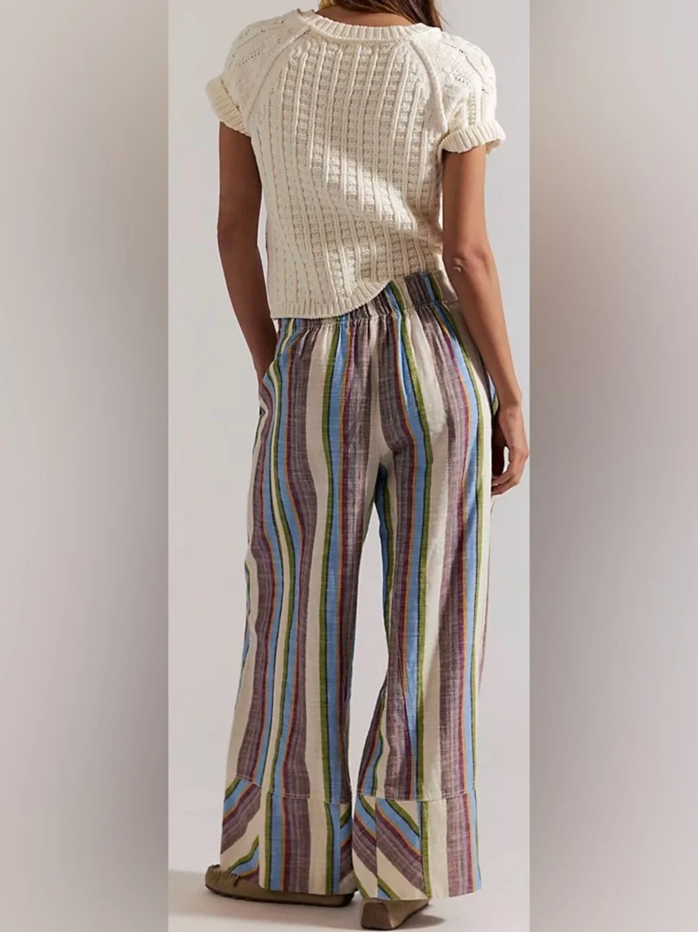 Free People Day's End Linen Striped Pull-On Pants | Color: Ivory Combo | size: L - Picture 2 of 8
